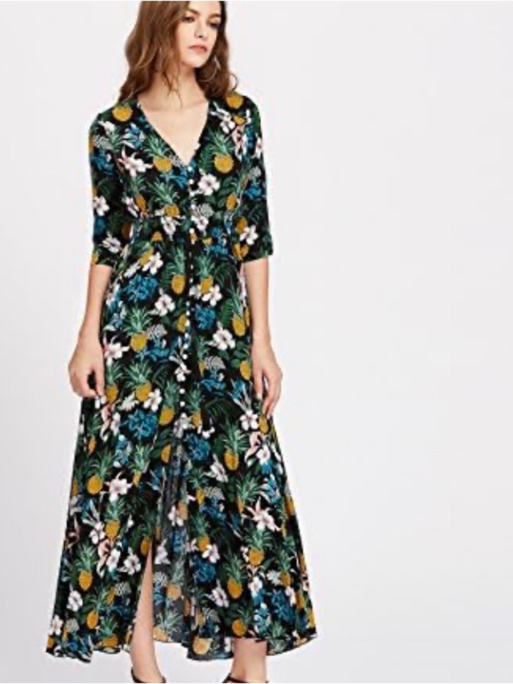 Floral Black Maxi Dress with Buttons by Milumia. Size M.
